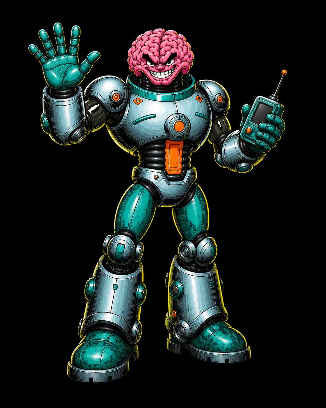 Bedrock Brains mascot waving with a communicator