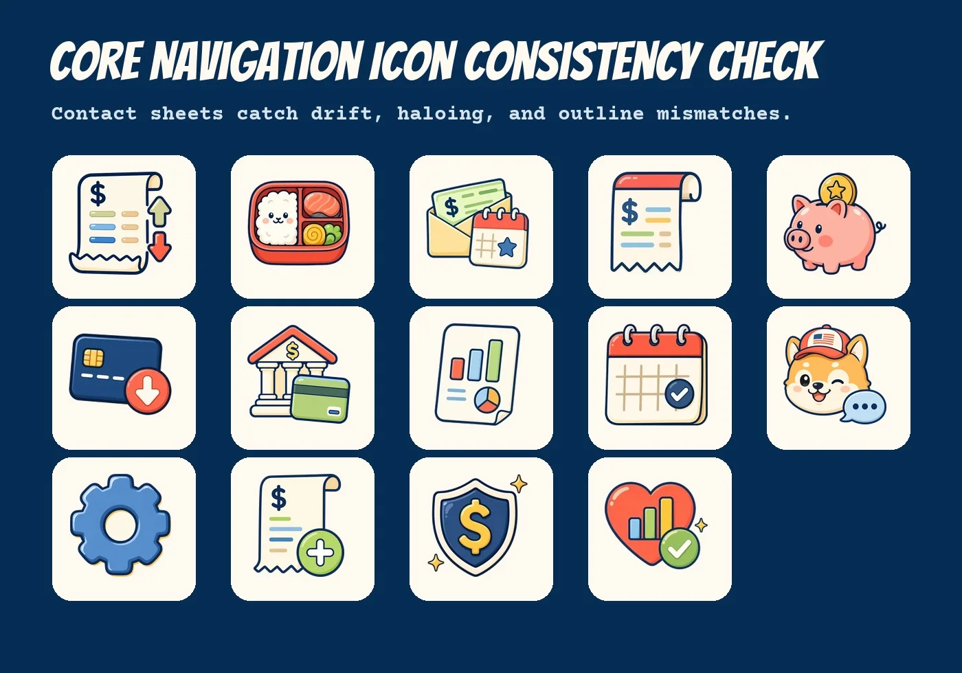 A navy-background contact sheet of MoolaMochi core navigation icons