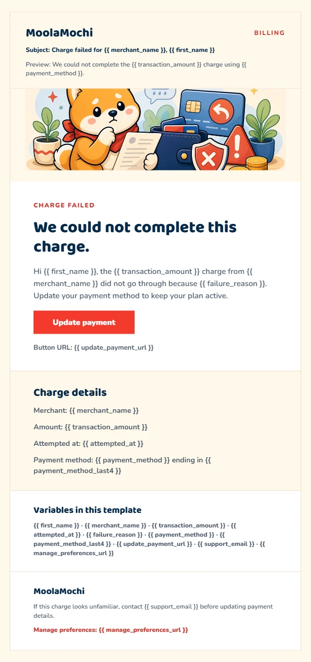 A MoolaMochi charge failed email artboard in Paper