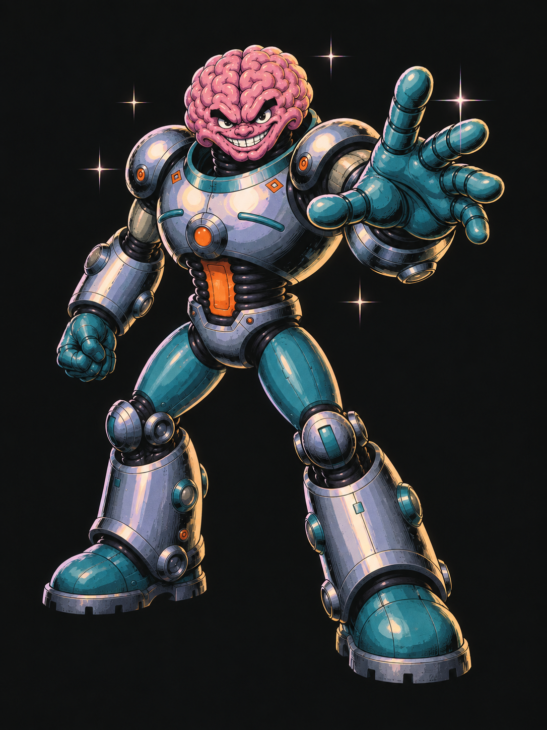 The Bedrock Brains robot reaching out a teal hand