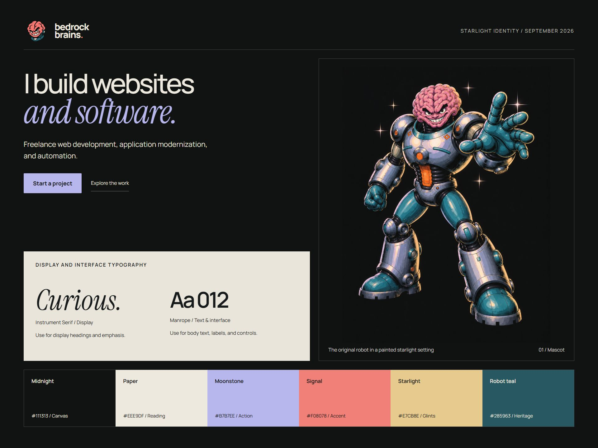 The Starlight brand board with the refreshed mascot, real typography, and six-color palette
