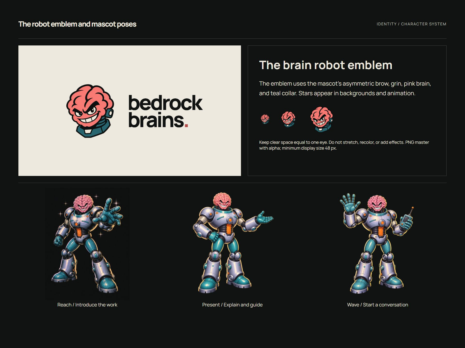 Custom brain emblem and three mascot poses